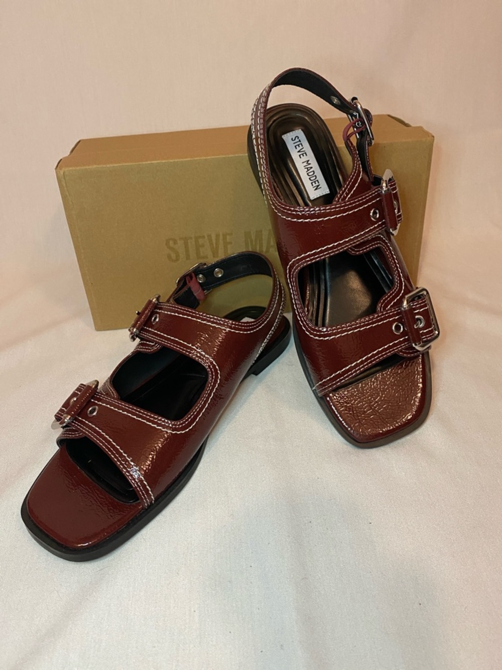 Steve Madden Burgundy Patent Leather Double-Buckle Sandals